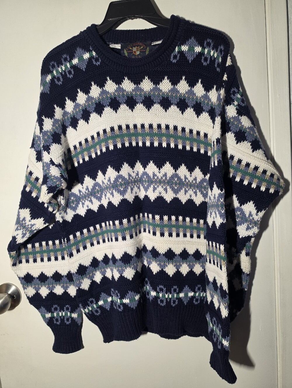 Vintage 100% Wool Crewneck Fair Isle Sweater  Navy with White and Green Accents